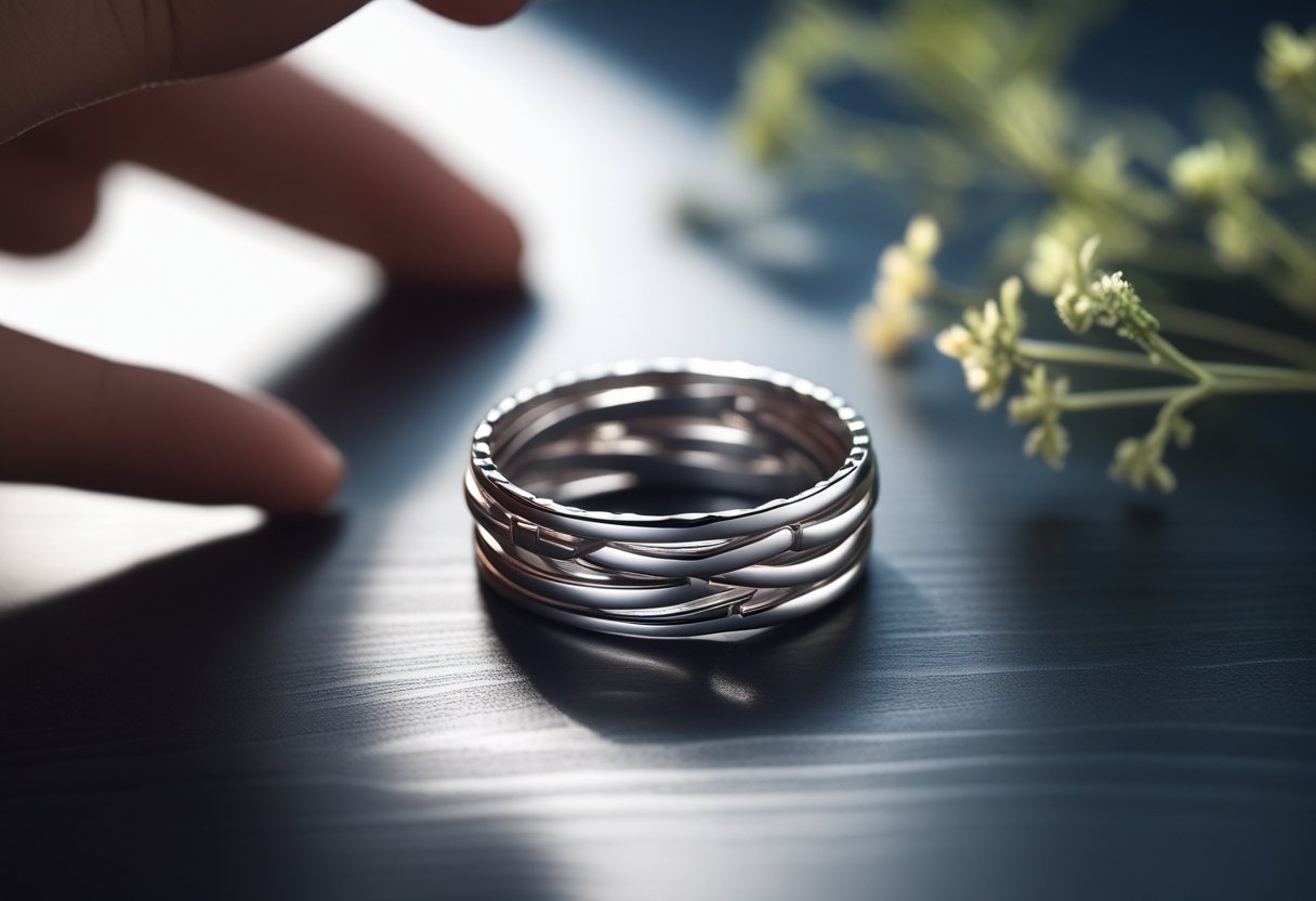 Close-up of an interlocking silver puzzle ring resting on a dark wooden surface with hands gently holding it and greenery in the background.